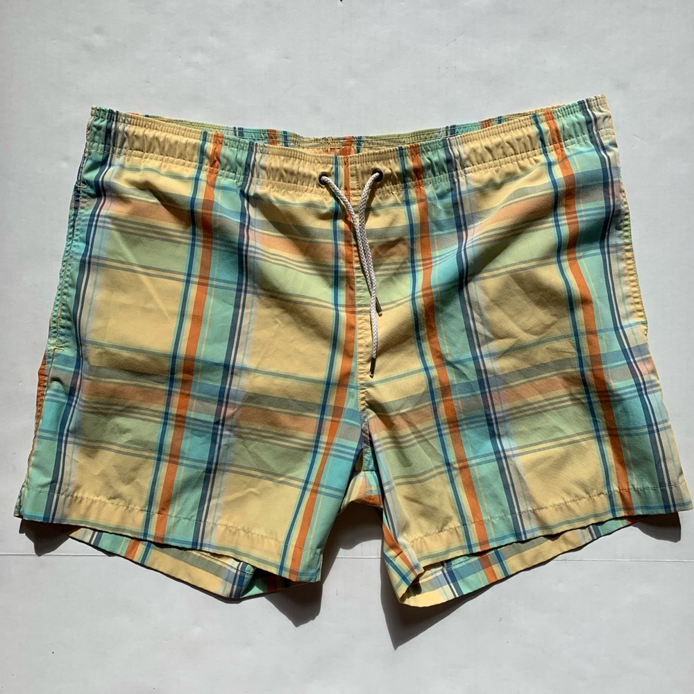 Faherty Men's Swim Trunks Yellow/Blue Plaid Size XL Mesh Lining Beach Vacation